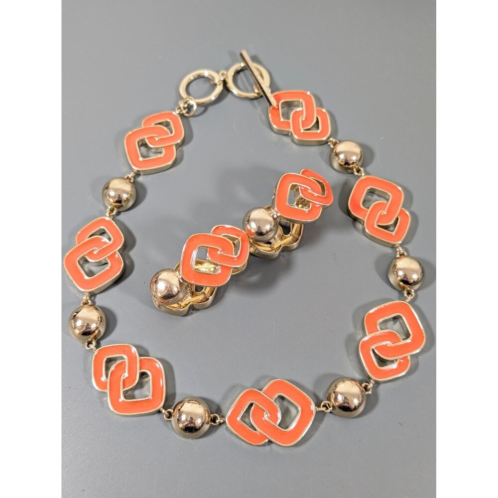 Liz Claiborne‎ Necklace Bracelet Set Gold Tone Orange Statement Bold
